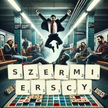 Kreatywna ilustracja do gry w Scrabble ze słowem SZERMIERSCY ułożonym z płytek na planszy.