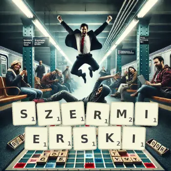 Kreatywna ilustracja do gry w Scrabble ze słowem SZERMIERSKI ułożonym z płytek na planszy.