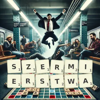 Kreatywna ilustracja do gry w Scrabble ze słowem SZERMIERSTWA ułożonym z płytek na planszy.