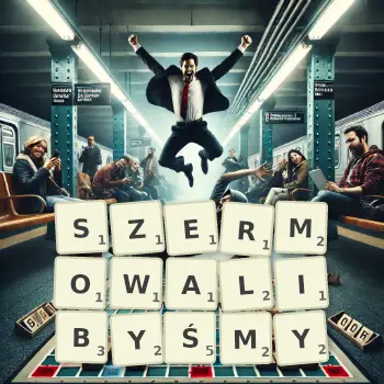 Kreatywna ilustracja do gry w Scrabble ze słowem SZERMOWALIBYŚMY ułożonym z płytek na planszy.