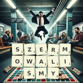 Kreatywna ilustracja do gry w Scrabble ze słowem SZERMOWALIŚMY ułożonym z płytek na planszy.
