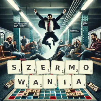 Kreatywna ilustracja do gry w Scrabble ze słowem SZERMOWANIA ułożonym z płytek na planszy.