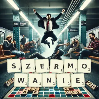 Kreatywna ilustracja do gry w Scrabble ze słowem SZERMOWANIE ułożonym z płytek na planszy.