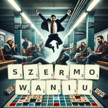 Kreatywna ilustracja do gry w Scrabble ze słowem SZERMOWANIU ułożonym z płytek na planszy.