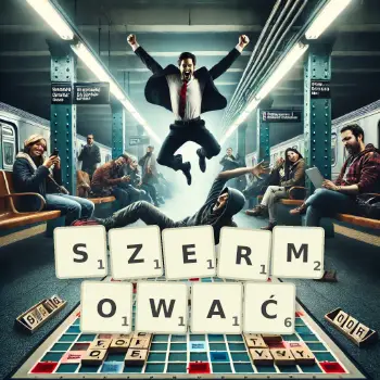 Kreatywna ilustracja do gry w Scrabble ze słowem SZERMOWAĆ ułożonym z płytek na planszy.
