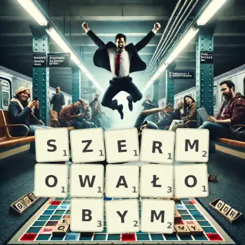 Kreatywna ilustracja do gry w Scrabble ze słowem SZERMOWAŁOBYM ułożonym z płytek na planszy.