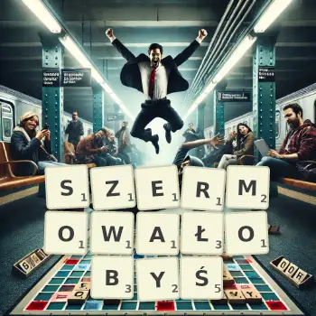 Kreatywna ilustracja do gry w Scrabble ze słowem SZERMOWAŁOBYŚ ułożonym z płytek na planszy.