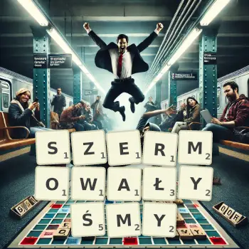 Kreatywna ilustracja do gry w Scrabble ze słowem SZERMOWAŁYŚMY ułożonym z płytek na planszy.