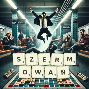 Kreatywna ilustracja do gry w Scrabble ze słowem SZERMOWAŃ ułożonym z płytek na planszy.
