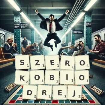 Kreatywna ilustracja do gry w Scrabble ze słowem SZEROKOBIODREJ ułożonym z płytek na planszy.