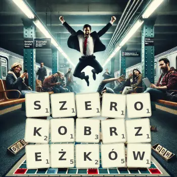 Kreatywna ilustracja do gry w Scrabble ze słowem SZEROKOBRZEŻKÓW ułożonym z płytek na planszy.