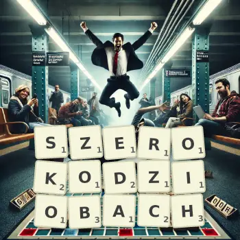 Kreatywna ilustracja do gry w Scrabble ze słowem SZEROKODZIOBACH ułożonym z płytek na planszy.