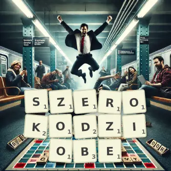 Kreatywna ilustracja do gry w Scrabble ze słowem SZEROKODZIOBE ułożonym z płytek na planszy.