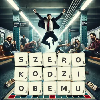 Kreatywna ilustracja do gry w Scrabble ze słowem SZEROKODZIOBEMU ułożonym z płytek na planszy.