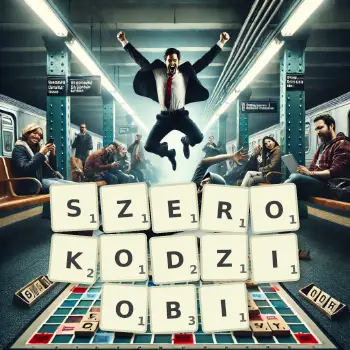 Kreatywna ilustracja do gry w Scrabble ze słowem SZEROKODZIOBI ułożonym z płytek na planszy.