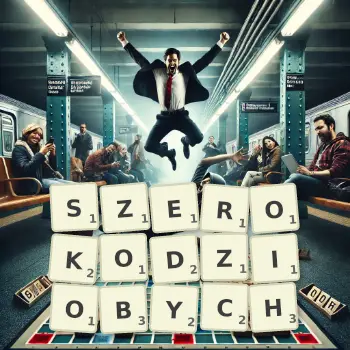 Kreatywna ilustracja do gry w Scrabble ze słowem SZEROKODZIOBYCH ułożonym z płytek na planszy.