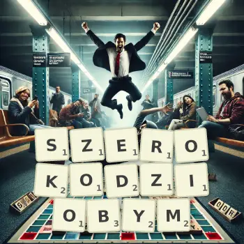 Kreatywna ilustracja do gry w Scrabble ze słowem SZEROKODZIOBYM ułożonym z płytek na planszy.