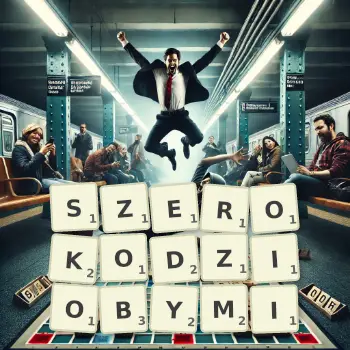 Kreatywna ilustracja do gry w Scrabble ze słowem SZEROKODZIOBYMI ułożonym z płytek na planszy.