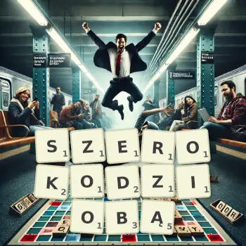Kreatywna ilustracja do gry w Scrabble ze słowem SZEROKODZIOBĄ ułożonym z płytek na planszy.