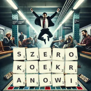 Kreatywna ilustracja do gry w Scrabble ze słowem SZEROKOEKRANOWI ułożonym z płytek na planszy.