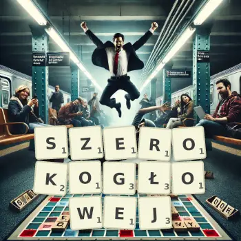 Kreatywna ilustracja do gry w Scrabble ze słowem SZEROKOGŁOWEJ ułożonym z płytek na planszy.
