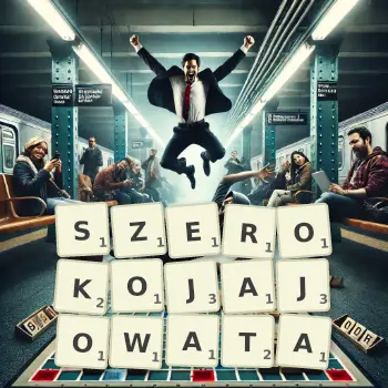 Kreatywna ilustracja do gry w Scrabble ze słowem SZEROKOJAJOWATA ułożonym z płytek na planszy.
