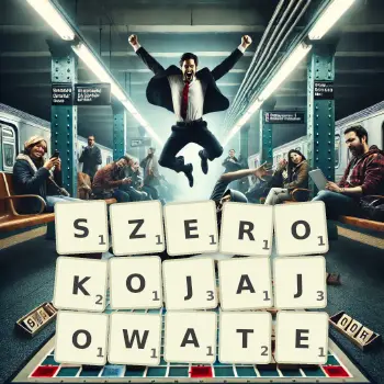 Kreatywna ilustracja do gry w Scrabble ze słowem SZEROKOJAJOWATE ułożonym z płytek na planszy.