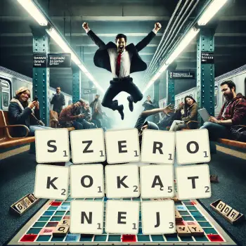 Kreatywna ilustracja do gry w Scrabble ze słowem SZEROKOKĄTNEJ ułożonym z płytek na planszy.