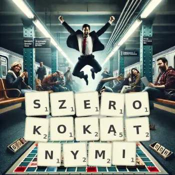 Kreatywna ilustracja do gry w Scrabble ze słowem SZEROKOKĄTNYMI ułożonym z płytek na planszy.
