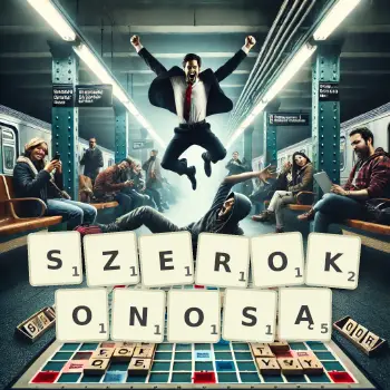 Kreatywna ilustracja do gry w Scrabble ze słowem SZEROKONOSĄ ułożonym z płytek na planszy.