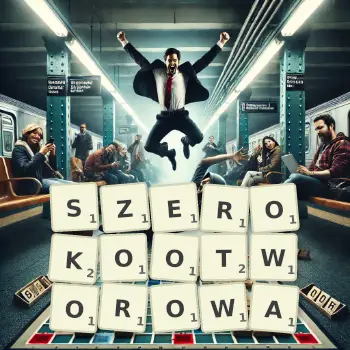 Kreatywna ilustracja do gry w Scrabble ze słowem SZEROKOOTWOROWA ułożonym z płytek na planszy.