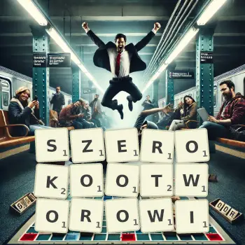 Kreatywna ilustracja do gry w Scrabble ze słowem SZEROKOOTWOROWI ułożonym z płytek na planszy.