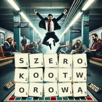 Kreatywna ilustracja do gry w Scrabble ze słowem SZEROKOOTWOROWĄ ułożonym z płytek na planszy.