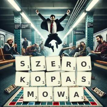 Kreatywna ilustracja do gry w Scrabble ze słowem SZEROKOPASMOWA ułożonym z płytek na planszy.