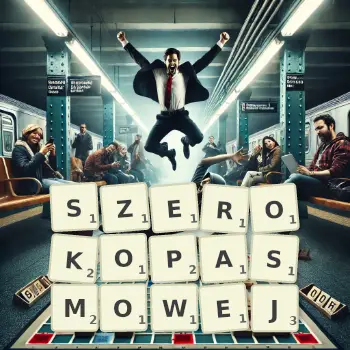 Kreatywna ilustracja do gry w Scrabble ze słowem SZEROKOPASMOWEJ ułożonym z płytek na planszy.