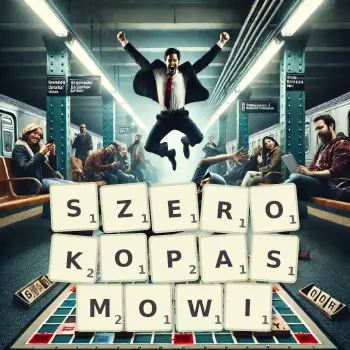 Kreatywna ilustracja do gry w Scrabble ze słowem SZEROKOPASMOWI ułożonym z płytek na planszy.