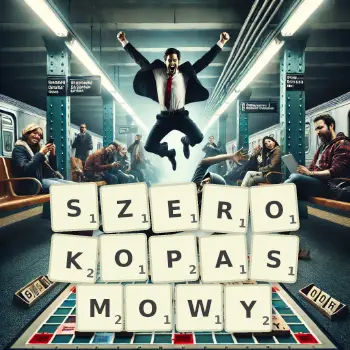 Kreatywna ilustracja do gry w Scrabble ze słowem SZEROKOPASMOWY ułożonym z płytek na planszy.