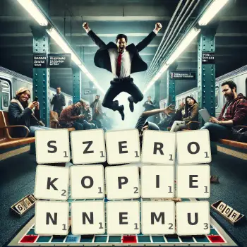 Kreatywna ilustracja do gry w Scrabble ze słowem SZEROKOPIENNEMU ułożonym z płytek na planszy.