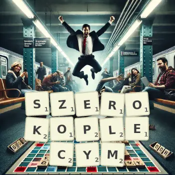 Kreatywna ilustracja do gry w Scrabble ze słowem SZEROKOPLECYM ułożonym z płytek na planszy.