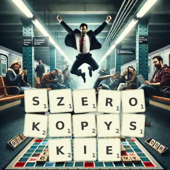 Kreatywna ilustracja do gry w Scrabble ze słowem SZEROKOPYSKIE ułożonym z płytek na planszy.