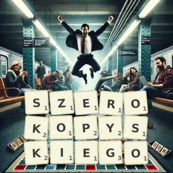 Kreatywna ilustracja do gry w Scrabble ze słowem SZEROKOPYSKIEGO ułożonym z płytek na planszy.