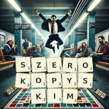 Kreatywna ilustracja do gry w Scrabble ze słowem SZEROKOPYSKIM ułożonym z płytek na planszy.