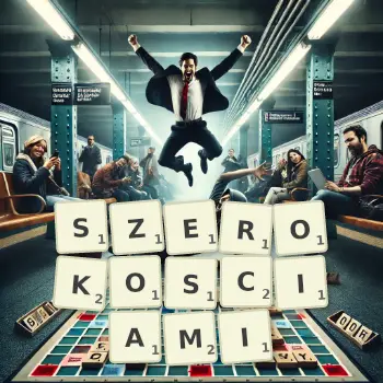 Kreatywna ilustracja do gry w Scrabble ze słowem SZEROKOSCIAMI ułożonym z płytek na planszy.