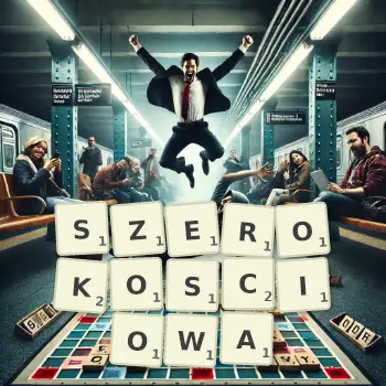 Kreatywna ilustracja do gry w Scrabble ze słowem SZEROKOSCIOWA ułożonym z płytek na planszy.