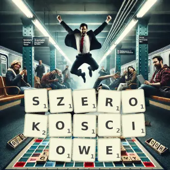 Kreatywna ilustracja do gry w Scrabble ze słowem SZEROKOSCIOWE ułożonym z płytek na planszy.