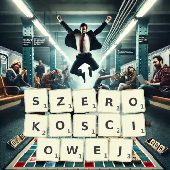 Kreatywna ilustracja do gry w Scrabble ze słowem SZEROKOSCIOWEJ ułożonym z płytek na planszy.
