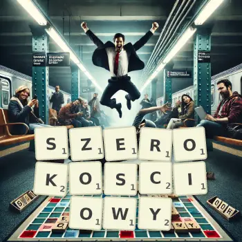 Kreatywna ilustracja do gry w Scrabble ze słowem SZEROKOSCIOWY ułożonym z płytek na planszy.