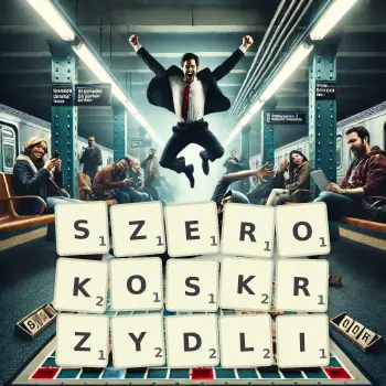 Kreatywna ilustracja do gry w Scrabble ze słowem SZEROKOSKRZYDLI ułożonym z płytek na planszy.
