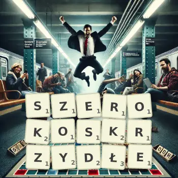 Kreatywna ilustracja do gry w Scrabble ze słowem SZEROKOSKRZYDŁE ułożonym z płytek na planszy.
