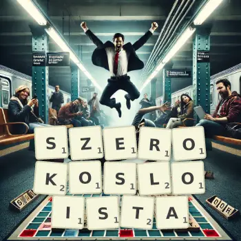 Kreatywna ilustracja do gry w Scrabble ze słowem SZEROKOSLOISTA ułożonym z płytek na planszy.